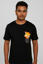 Black Pocket Lion Cartoon Minimal Regular T-Shirt