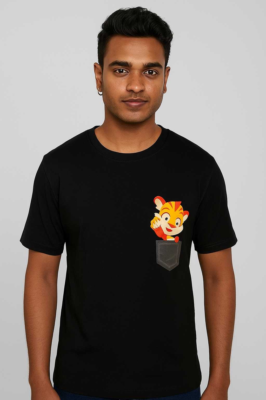 Black Pocket Lion Cartoon Minimal Regular T-Shirt