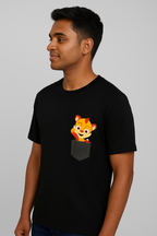 Black Pocket Lion Cartoon Minimal Regular T-Shirt