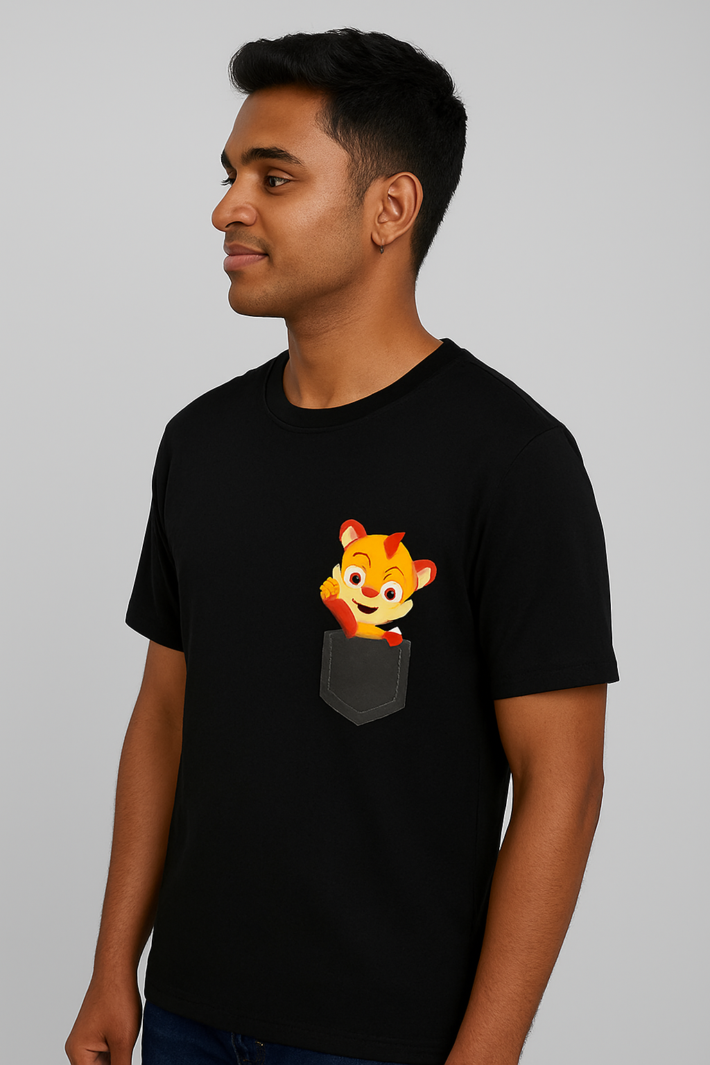 Black Pocket Lion Cartoon Minimal Regular T-Shirt