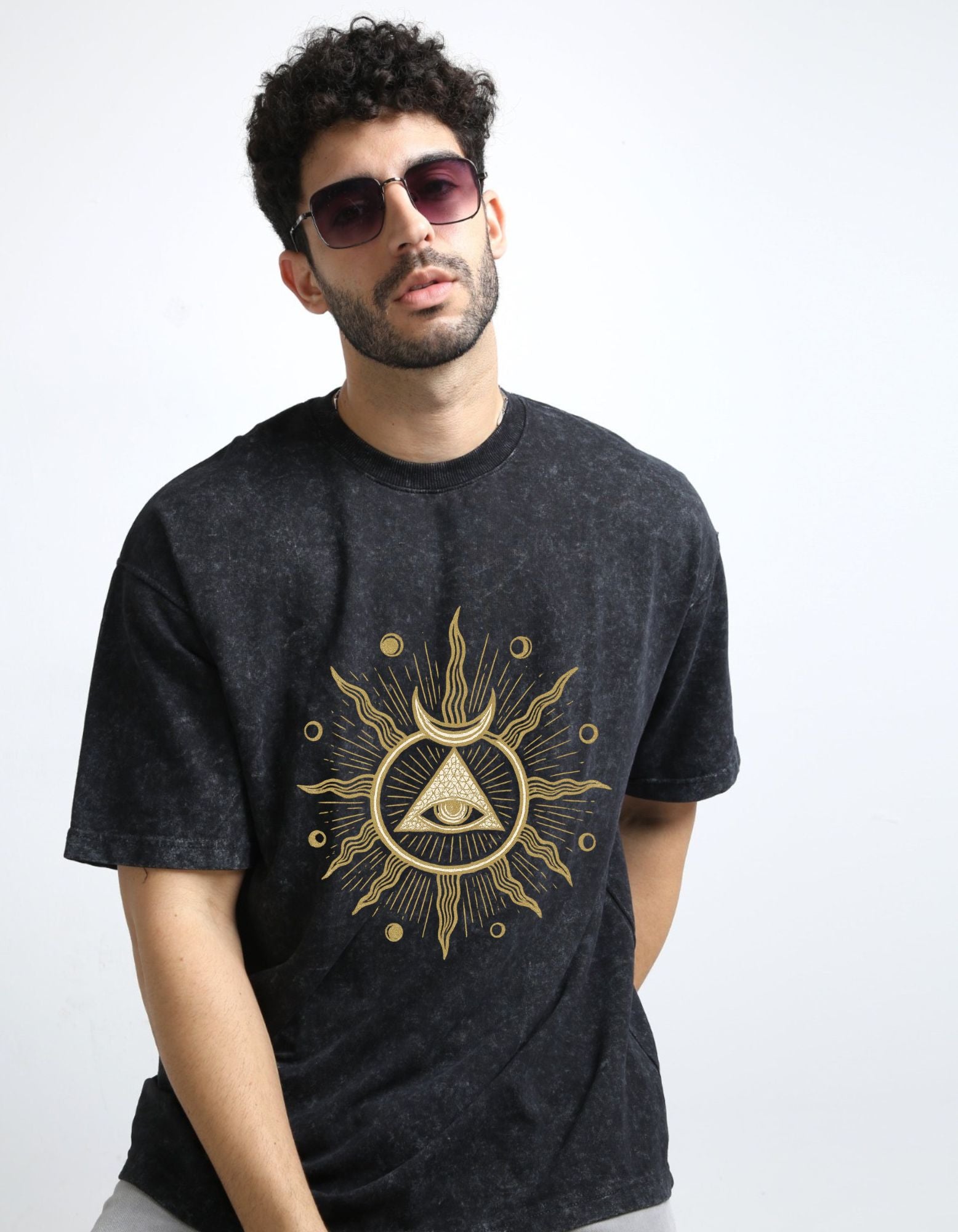 Celestial eye Crafted Acid Toned Wash T-Shirt in Black Front View