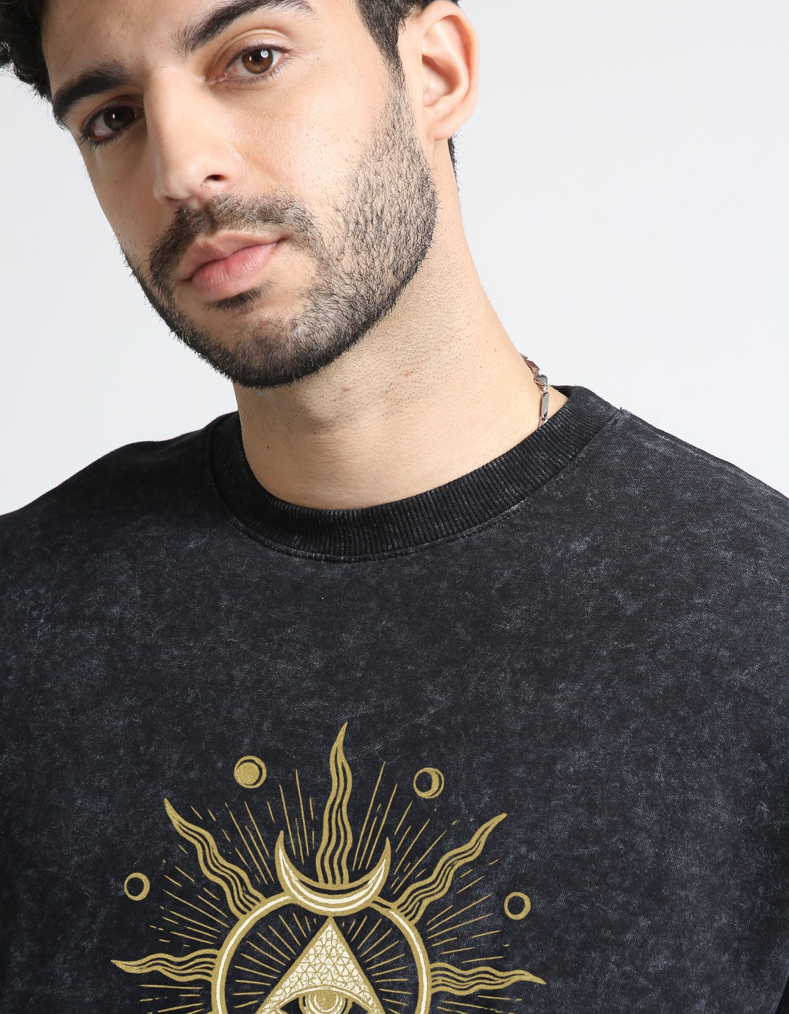 Celestial eye Crafted Acid Toned Wash T-Shirt in Black Front View