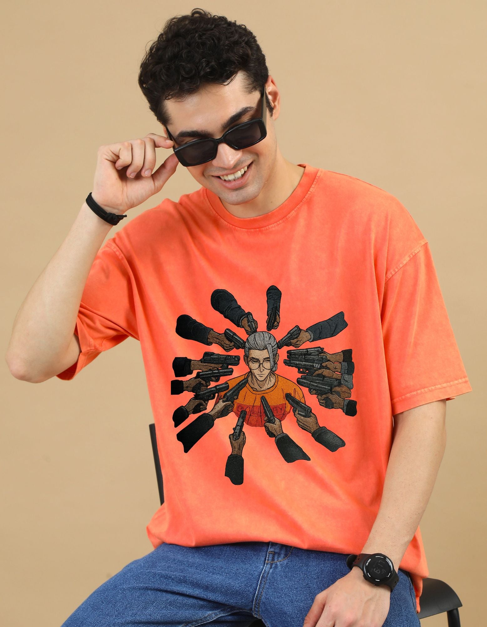 All Gun on me Crafted Acid Toned Wash T-Shirt in Orange