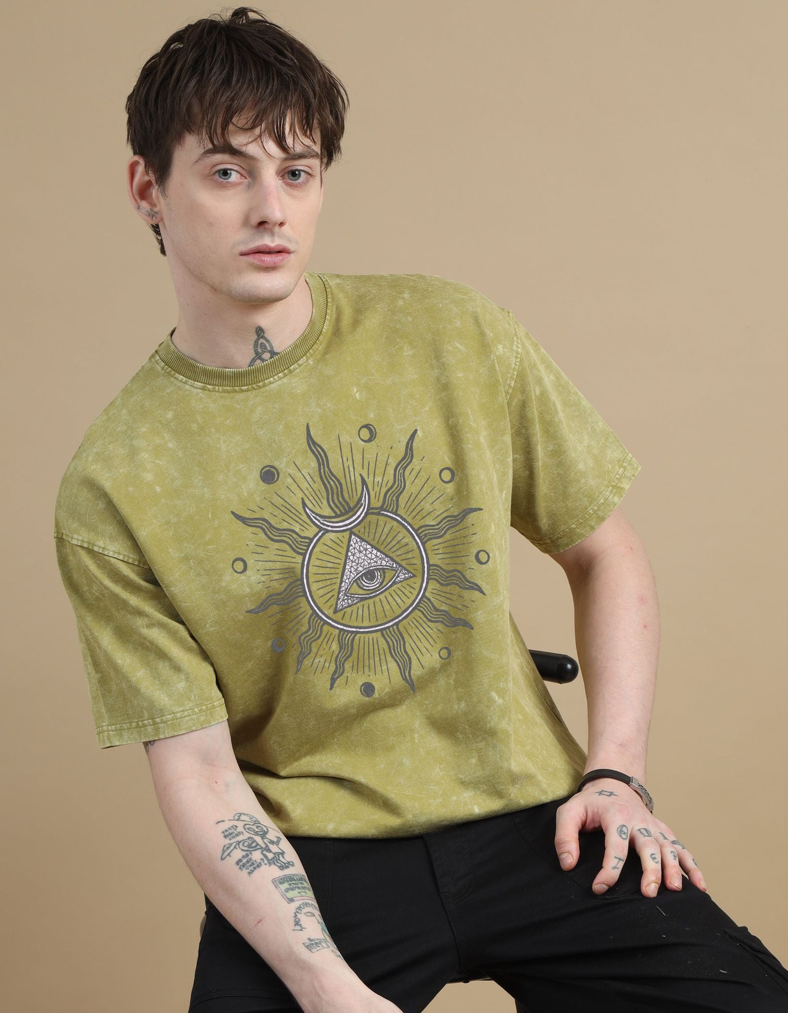 Celestial eye Crafted Acid Toned Wash T-Shirt in Black Front View