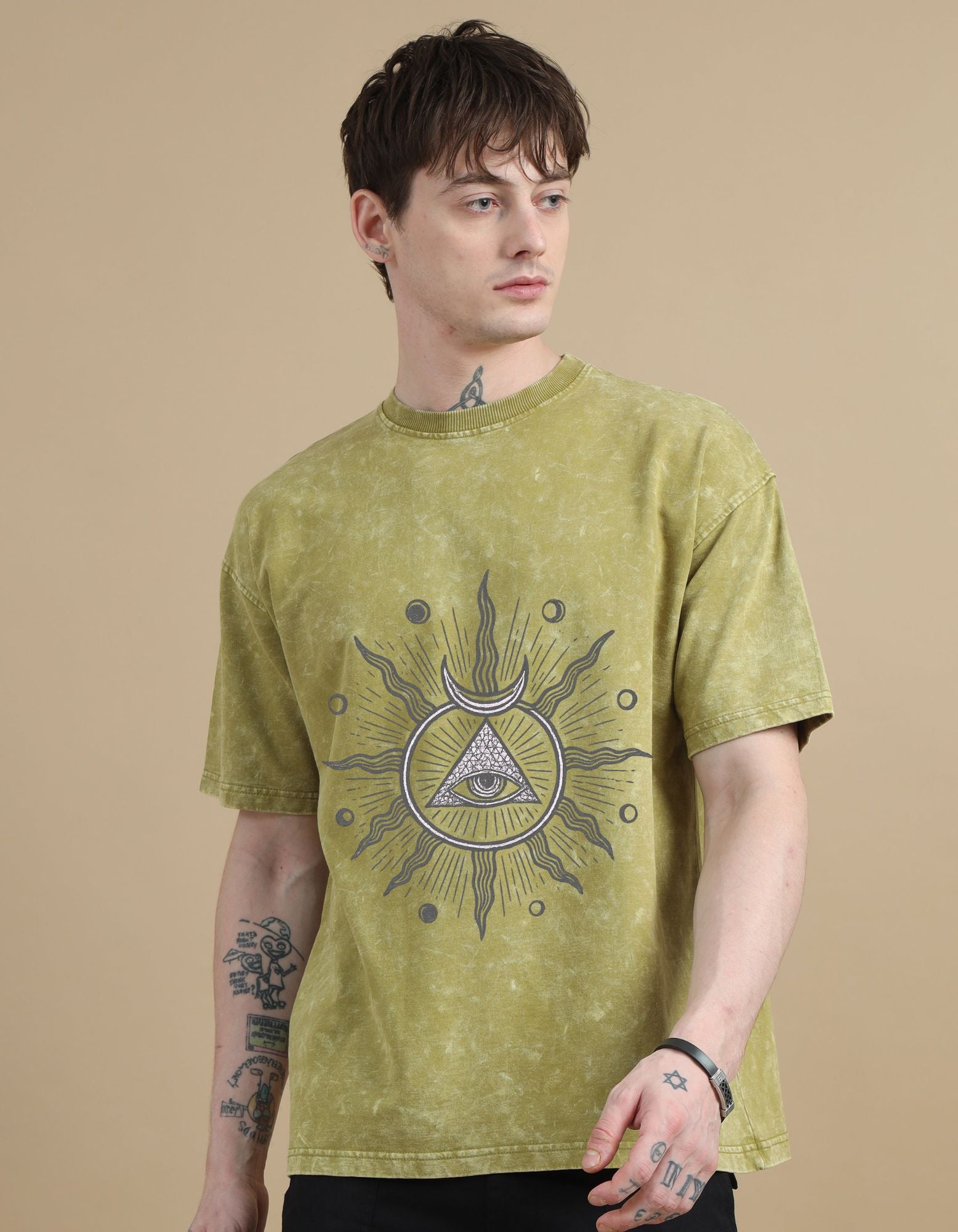 Celestial eye Crafted Acid Toned Wash T-Shirt in Black Front View
