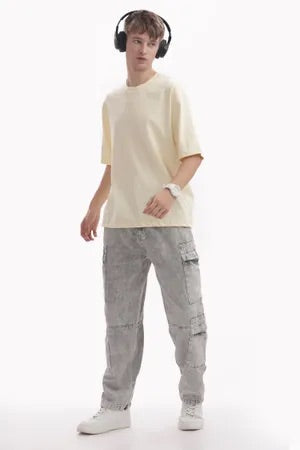 Beige Premium Cotton Bio Wash Oversize Fit Mens T-Shirt