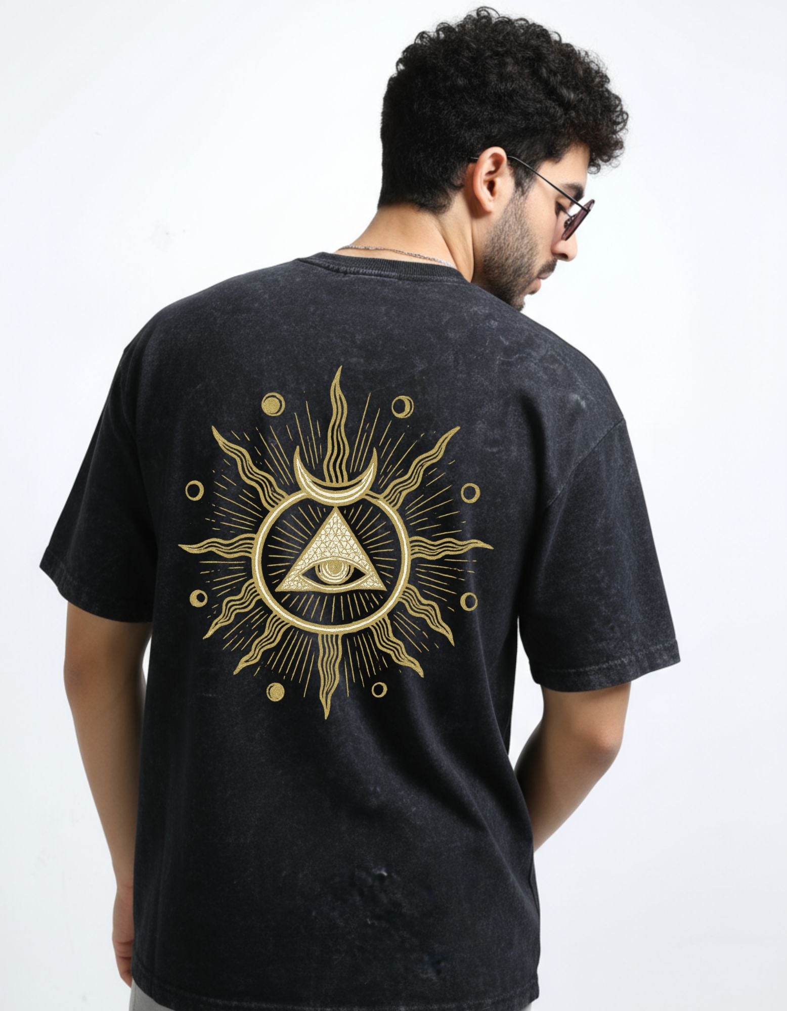 Celestial eye Crafted Acid Toned Wash T-Shirt in Black