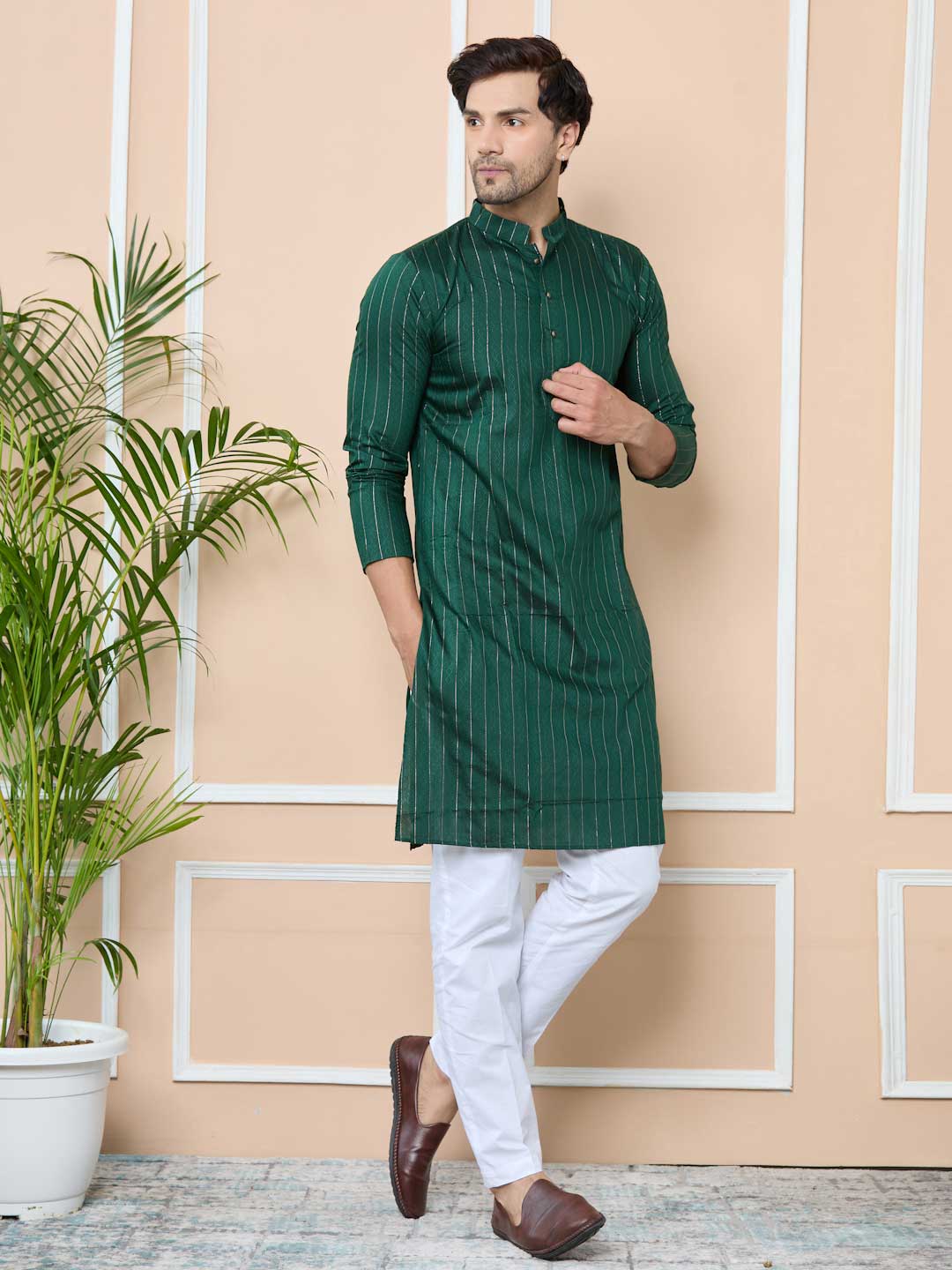 Dark Green Thread Work Straight Kurta