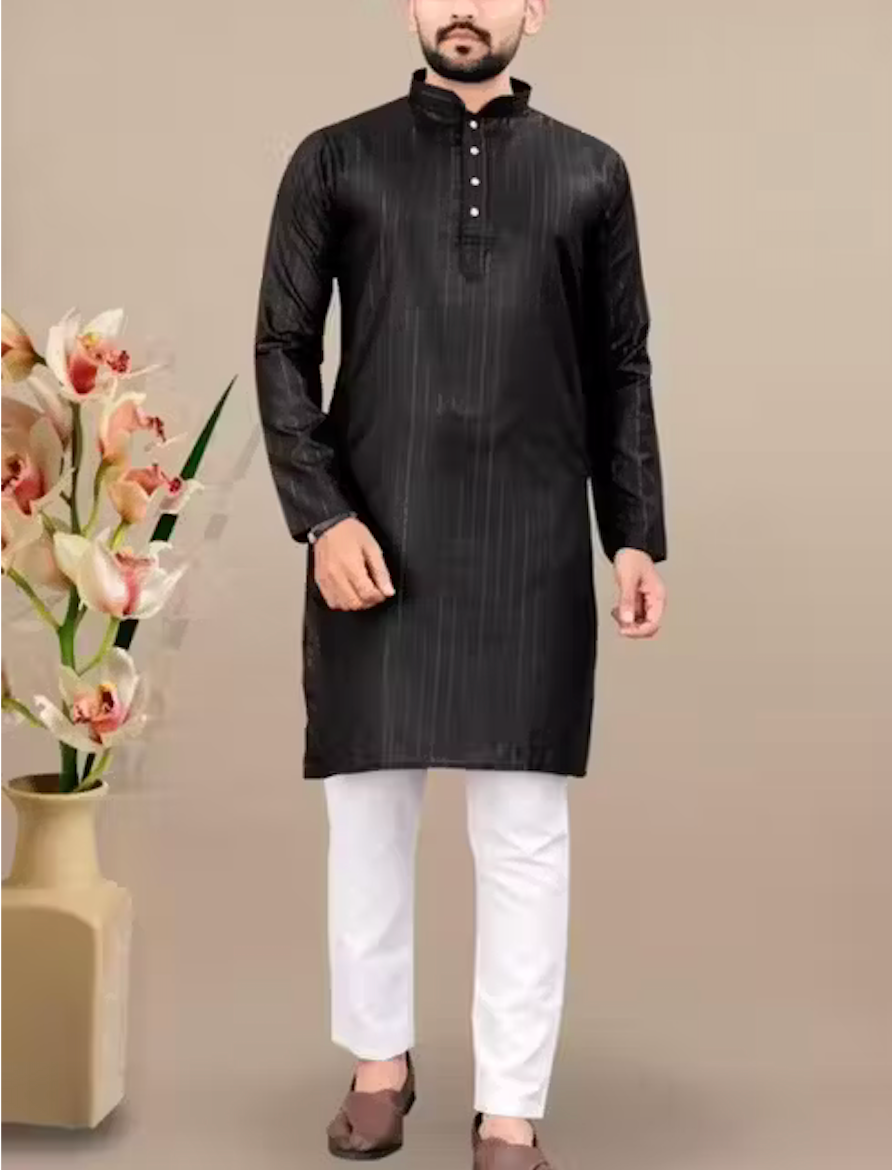 Black Elegant Silver Striped Straight Kurta