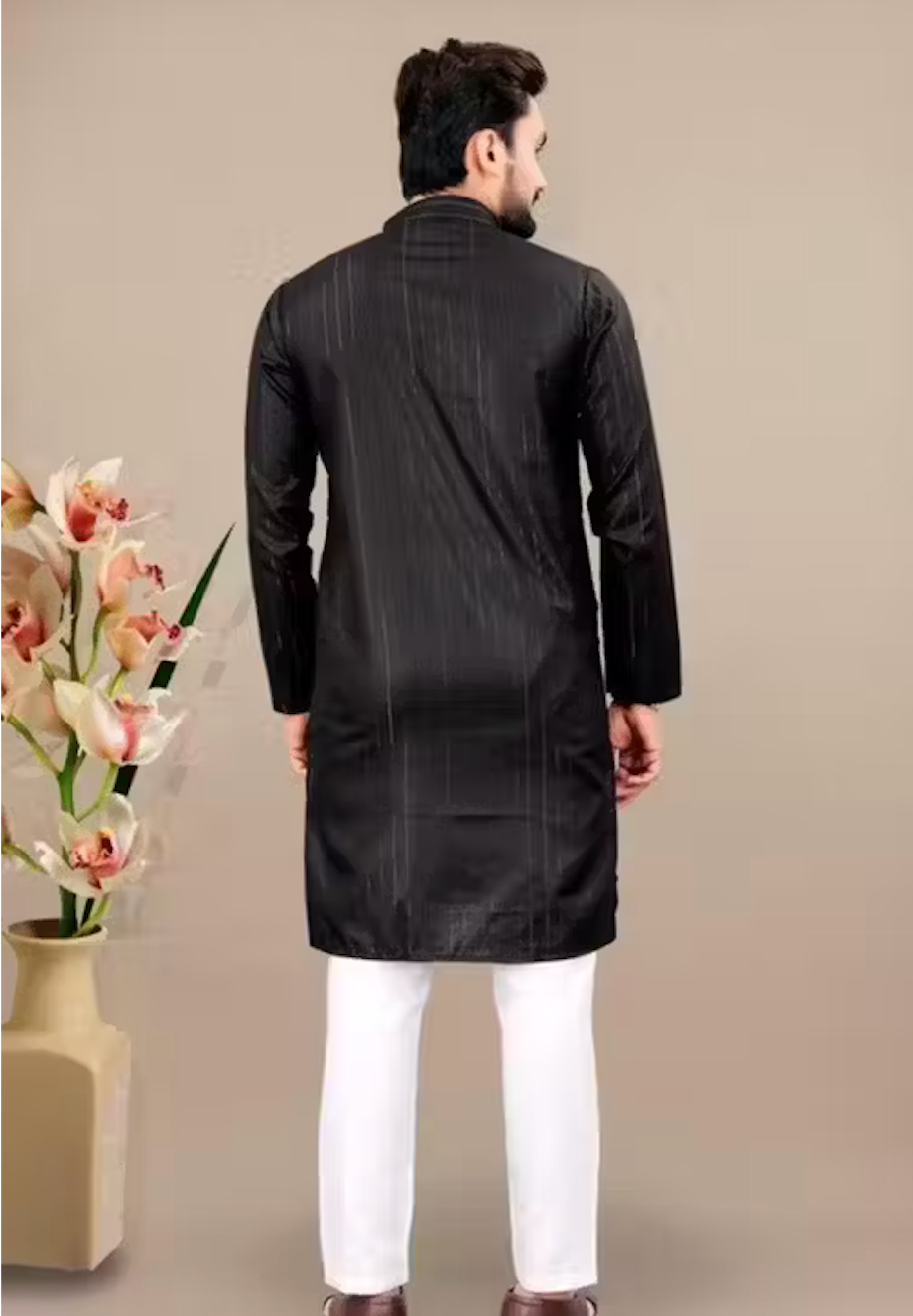Black Elegant Silver Striped Straight Kurta