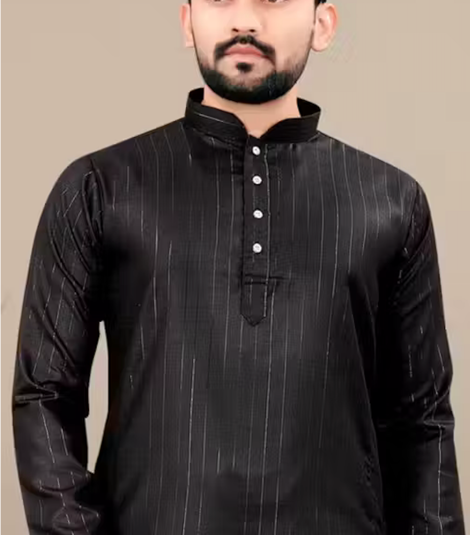 Black Elegant Silver Striped Straight Kurta
