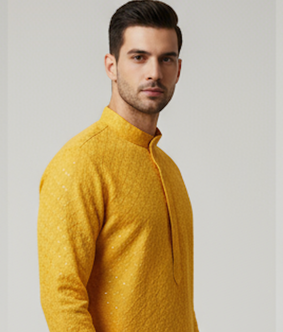 Lakhnavi Cotton Thread Work  Rayon Kurta With Button Flap in Yellow