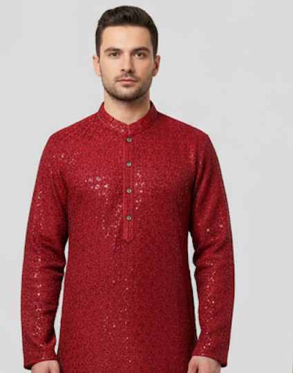Lakhnavi Cotton Thread Work  Rayon Kurta  in Marron