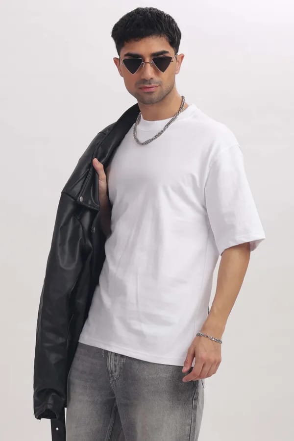 White Premium Cotton Bio Wash Oversize Fit Mens T-Shirt