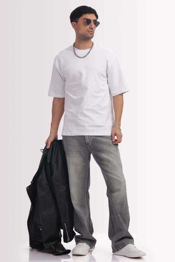 White Premium Cotton Bio Wash Oversize Fit Mens T-Shirt