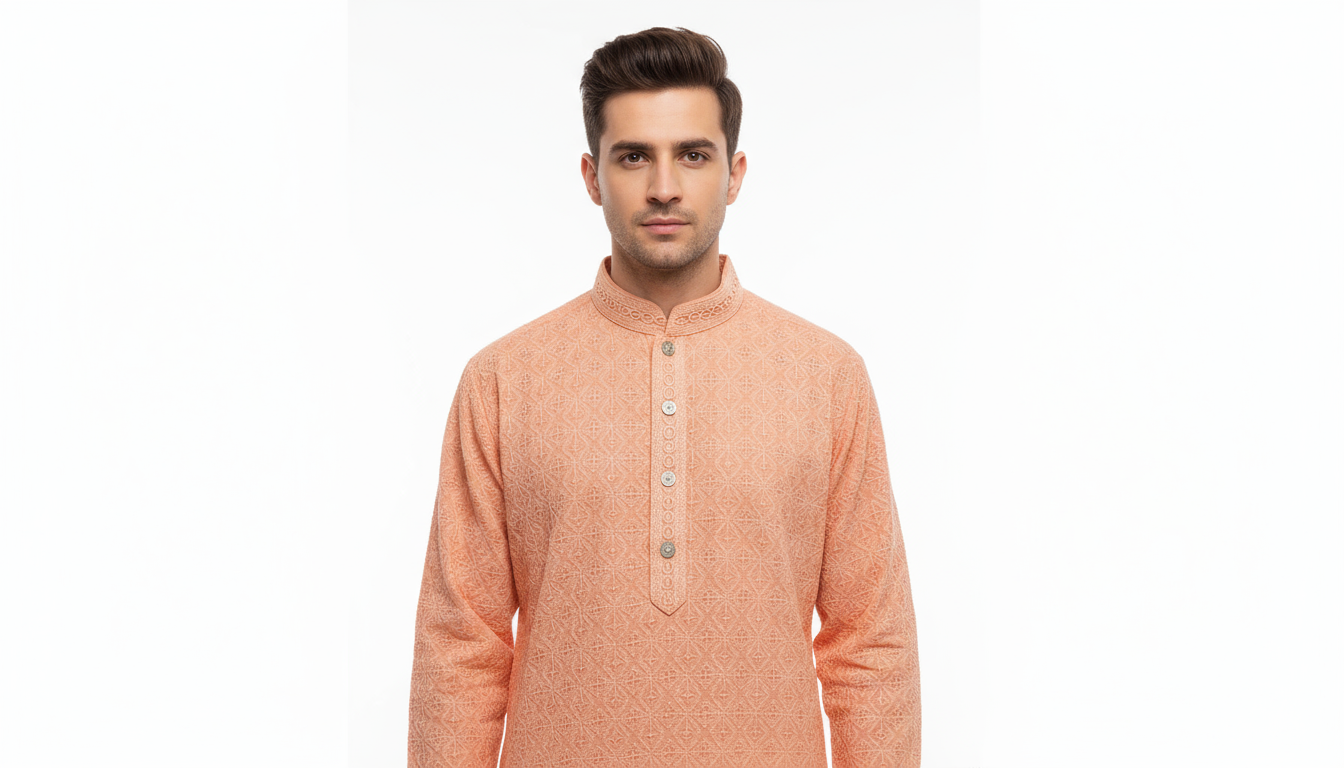 Lakhnavi Cotton Thread Work  Rayon Kurta  in Peach