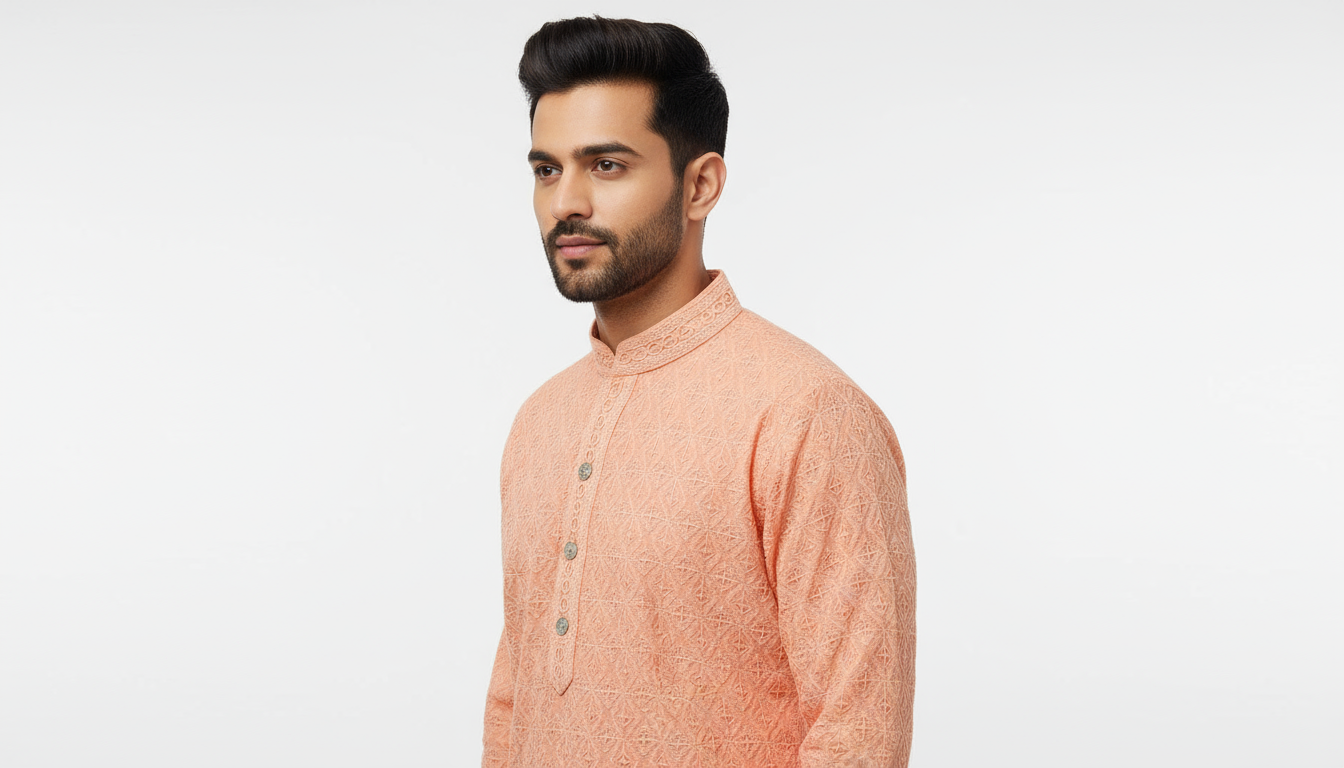 Lakhnavi Cotton Thread Work  Rayon Kurta  in Peach