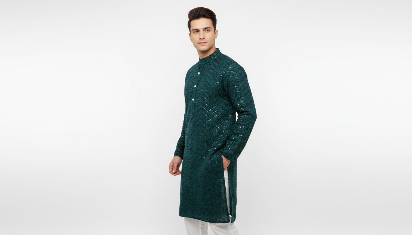 Lakhnavi Cotton Thread Work  Rayon Kurta  in Green