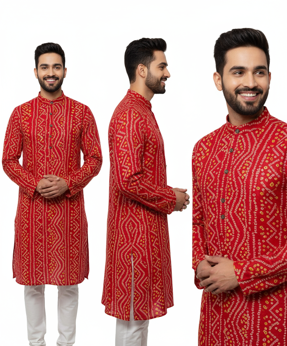 Bandhnai Pattern Rayon Kurta Pyjama set with Fab Color