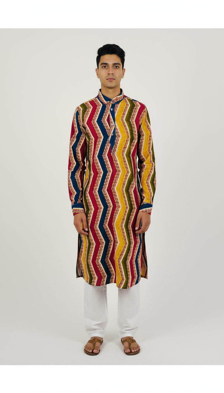 Multicolor Pattern Rayon Kurta Payjama set Vertical Geometry
