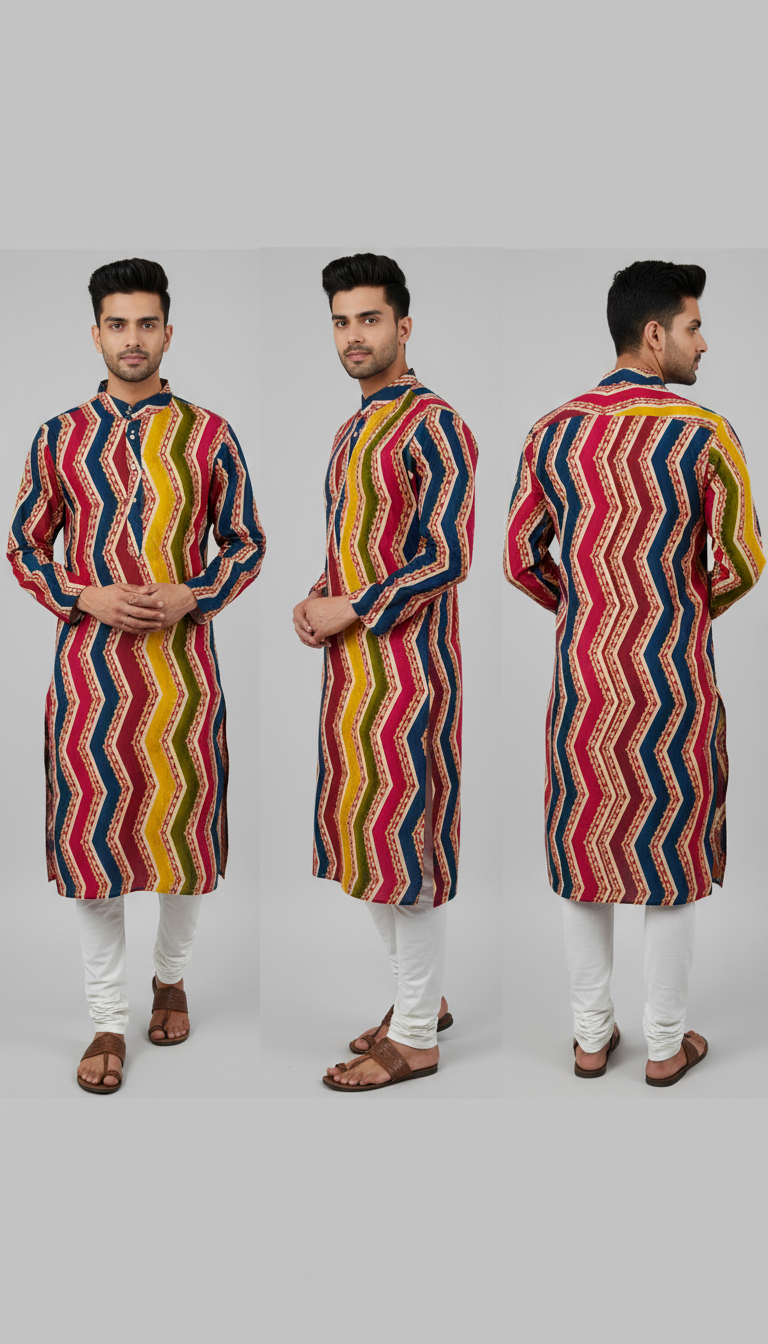 Multicolor Pattern Rayon Kurta Payjama set Vertical Geometry
