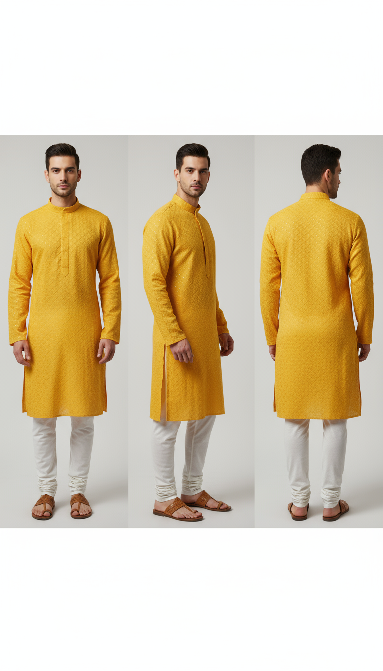 Lakhnavi Cotton Thread Work  Rayon Kurta With Button Flap in Yellow